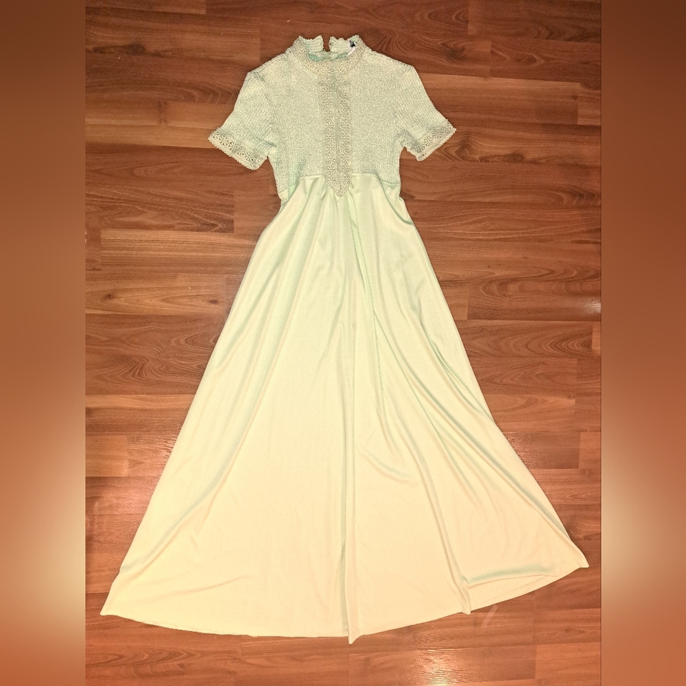 Vintage 70s Maxi Prom Dress Seafoam Pastel Green Lace trim babydoll Flare - Picture 3 of 12
